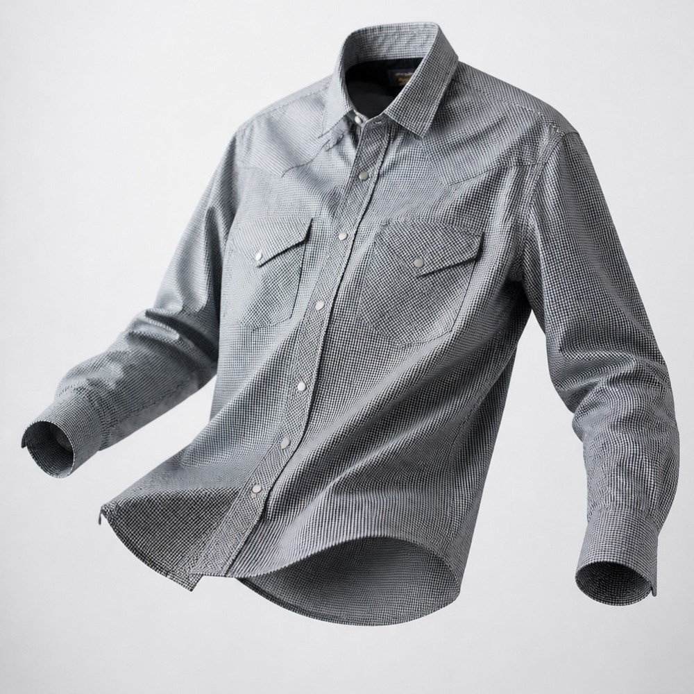 Cascade Mens Western Pearl Snap Shirt Navy White Gingham Plaid Long‎ Sleeve M
